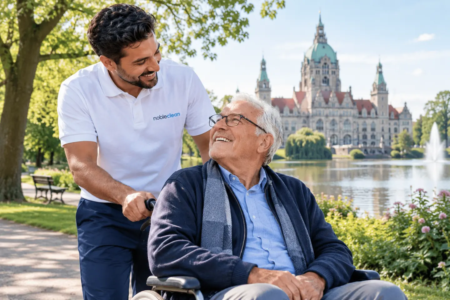 Alltagsbegleiter von nobleclean schiebt einen &auml;lteren Herrn im Rollstuhl am Maschsee entlang, im Hintergrund das Neue Rathaus in Hannover.