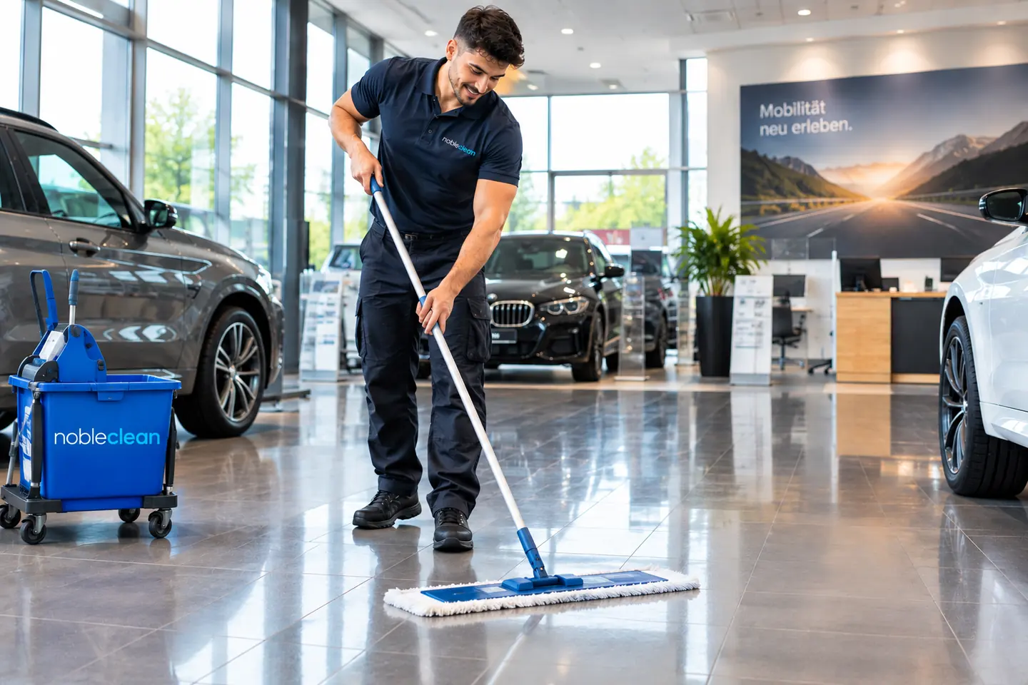 Mitarbeiter von nobleclean wischt den Ausstellungsboden eines Autohauses zwischen den Fahrzeugen.