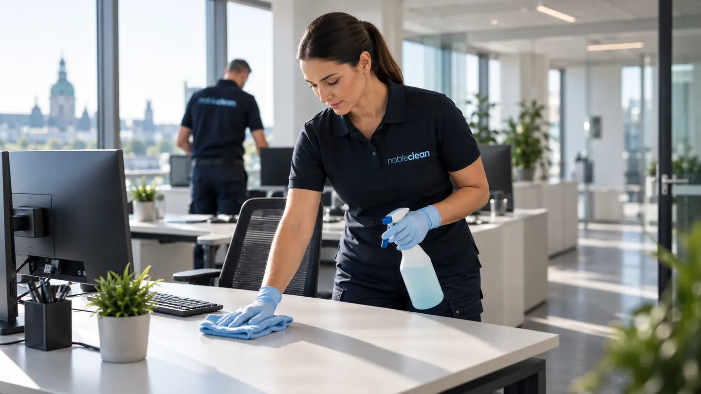 Reinigungskraft von nobleclean wischt einen Schreibtisch in einem B&uuml;ro &uuml;ber den D&auml;chern von Hannover, im Hintergrund arbeitet ein Kollege.