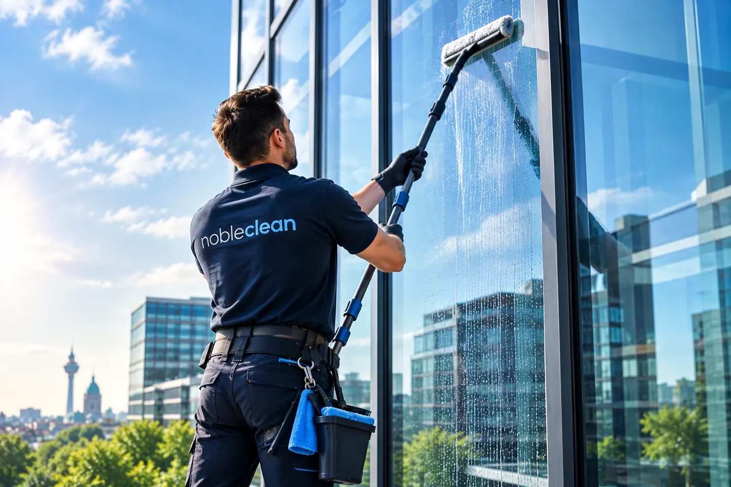 Glasreiniger von nobleclean reinigt mit der Teleskopstange eine Glasfassade in einer der oberen Etagen, im Hintergrund die Skyline.