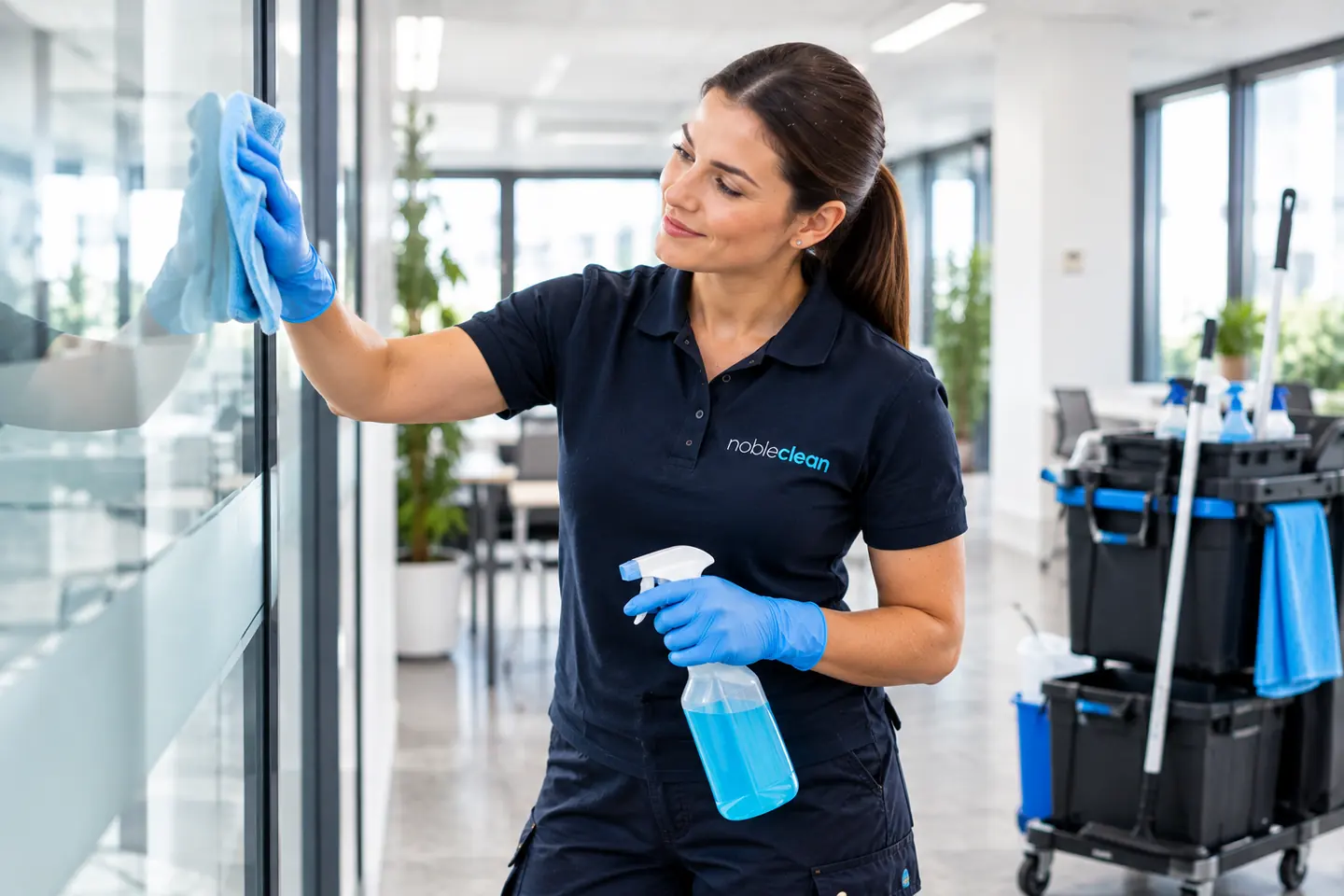 Mitarbeiterin von nobleclean mit Spr&uuml;hflasche und Mikrofasertuch bei der B&uuml;roreinigung, im Hintergrund der Reinigungswagen.