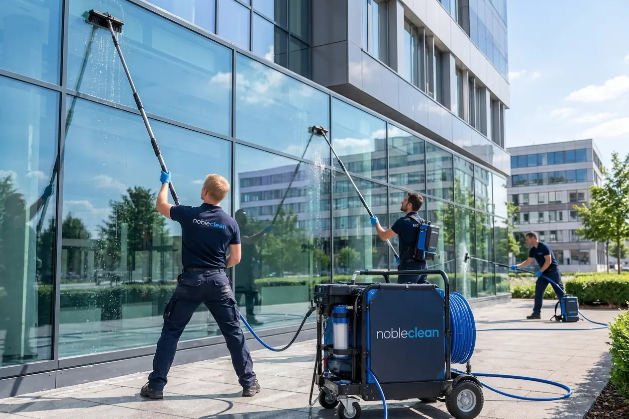 Drei Glasreiniger von nobleclean reinigen eine Glasfassade vom Boden aus mit Teleskopstangen; im Vordergrund die mobile Osmoseanlage mit Schlauchtrommel, ein Kollege arbeitet mit Rückengeraet.
