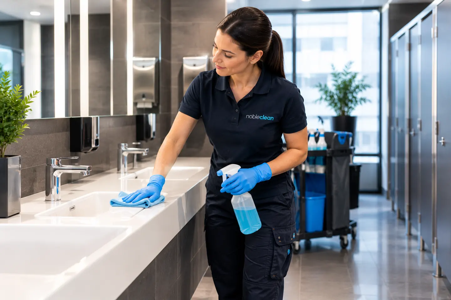 Reinigungskraft von nobleclean reinigt eine Sanit&auml;ranlage.