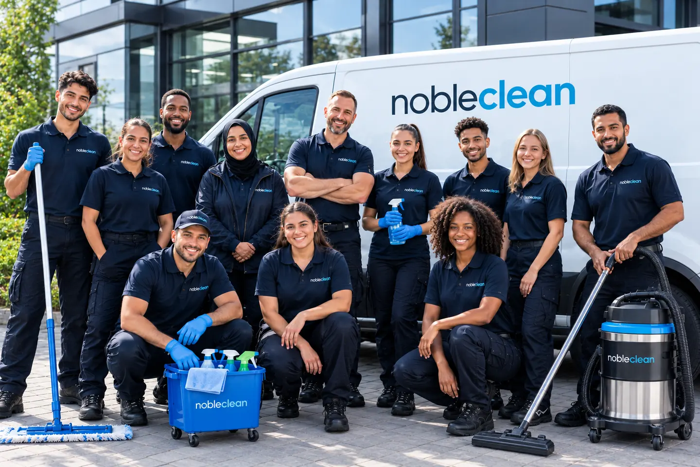 Zw&ouml;lf Personen in dunkelblauer Arbeitskleidung vor einem Transporter mit nobleclean-Schriftzug, mit Reinigungswagen und Sauger.